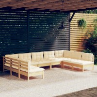 vidaXL 9 Piece Patio Lounge Set with Cream Cushions Solid Pinewood