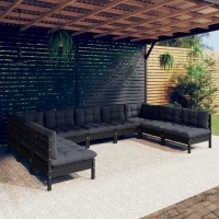 vidaXL 9 Piece Patio Lounge Set with Cushions Black Solid Pinewood