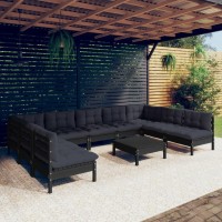 vidaXL 10 Piece Patio Lounge Set with Cushions Black Solid Pinewood