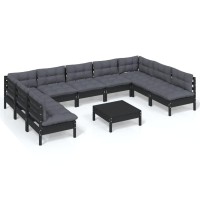 vidaXL 10 Piece Patio Lounge Set with Cushions Black Solid Pinewood