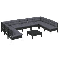 vidaXL 10 Piece Patio Lounge Set with Cushions Black Solid Pinewood