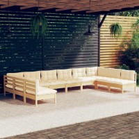 vidaXL 10 Piece Patio Lounge Set with Cream Cushions Solid Pinewood