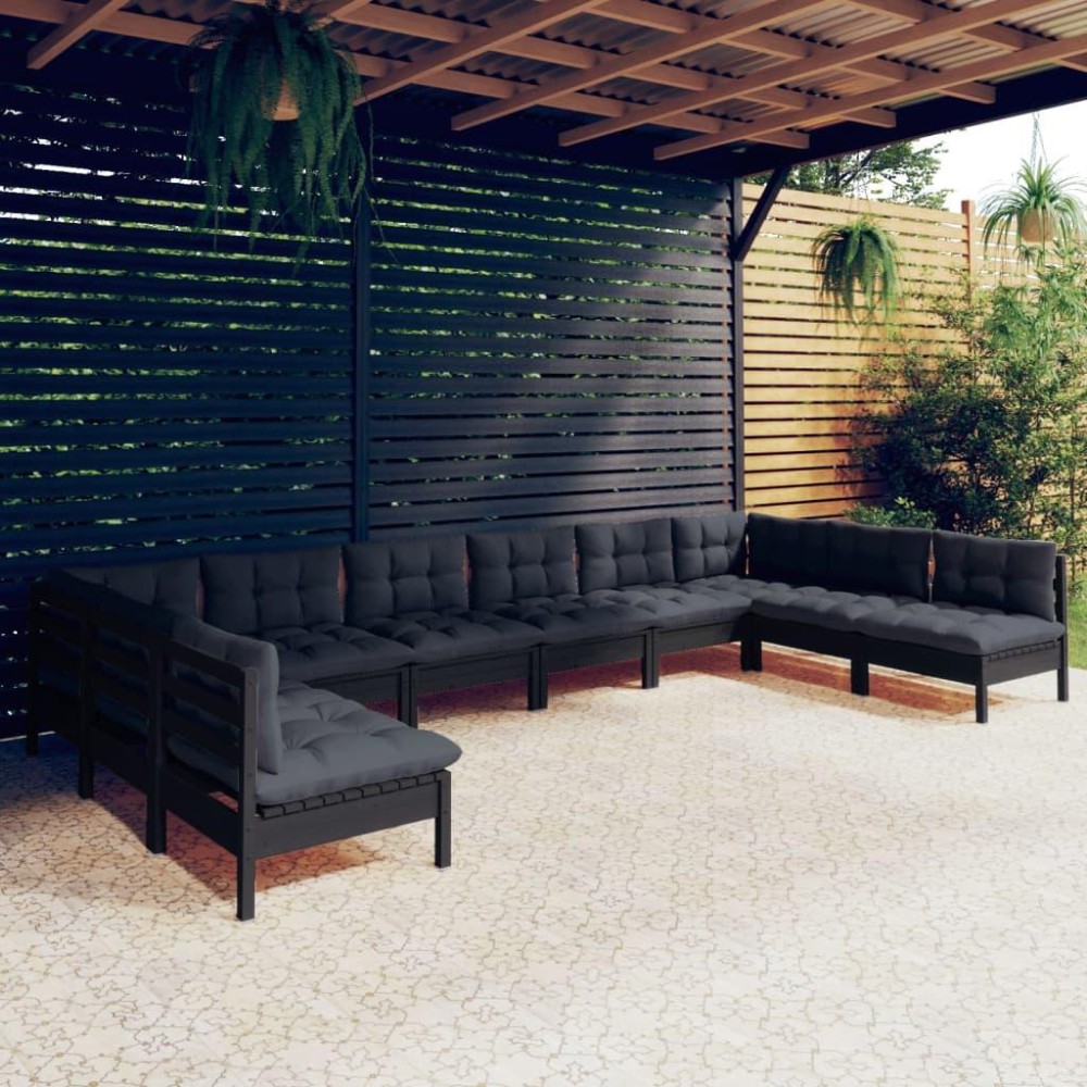 vidaXL 10 Piece Patio Lounge Set with Cushions Black Solid Pinewood