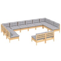 vidaXL 12 Piece Patio Lounge Set with Gray Cushions Solid Pinewood