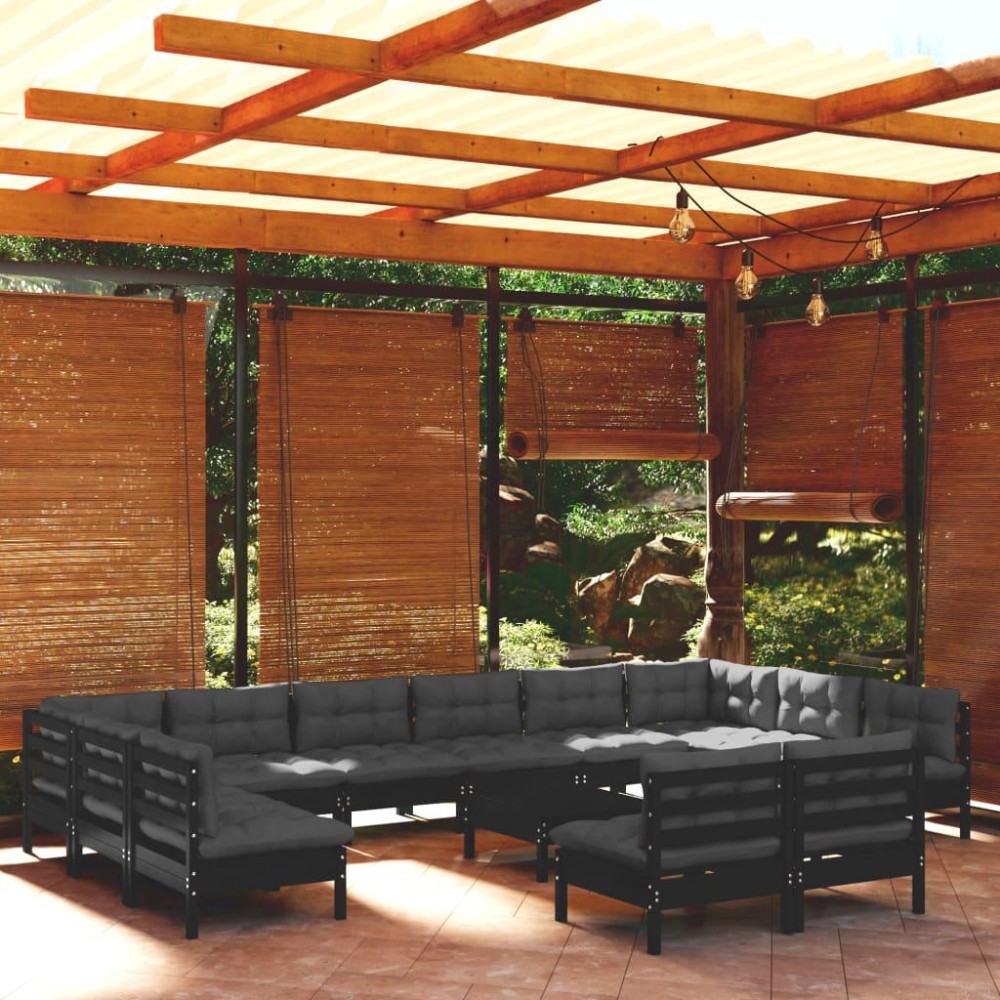 vidaXL 13 Piece Patio Lounge Set with Cushions Black Solid Pinewood