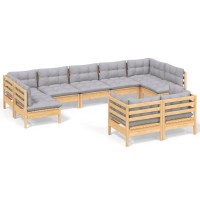 vidaXL 9 Piece Patio Lounge Set with Gray Cushions Solid Pinewood