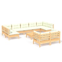 vidaXL 10 Piece Patio Lounge Set with Cream Cushions Solid Pinewood