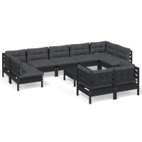 vidaXL 10 Piece Patio Lounge Set with Cushions Black Solid Pinewood