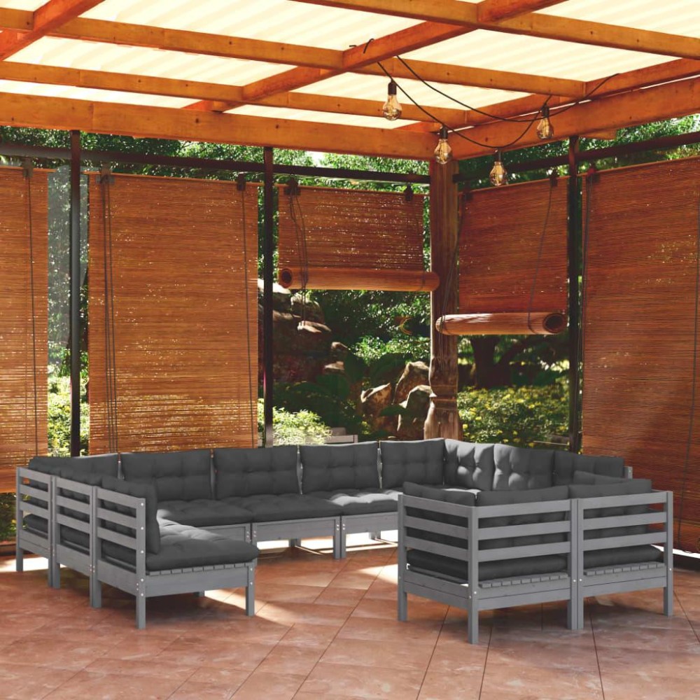 vidaXL 11 Piece Patio Lounge Set with Cushions Gray Solid Pinewood