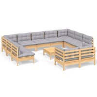 vidaXL 12 Piece Patio Lounge Set with Gray Cushions Solid Pinewood