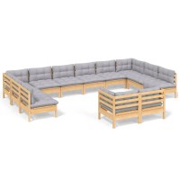 vidaXL 12 Piece Patio Lounge Set with Gray Cushions Solid Pinewood