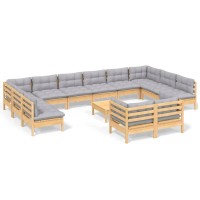 vidaXL 13 Piece Patio Lounge Set with Gray Cushions Pinewood