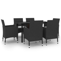 vidaXL 7 Piece Patio Dining Set with Cushions Poly Rattan and Glass