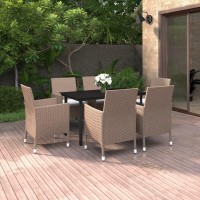 vidaXL 7 Piece Patio Dining Set with Cushions Poly Rattan and Glass