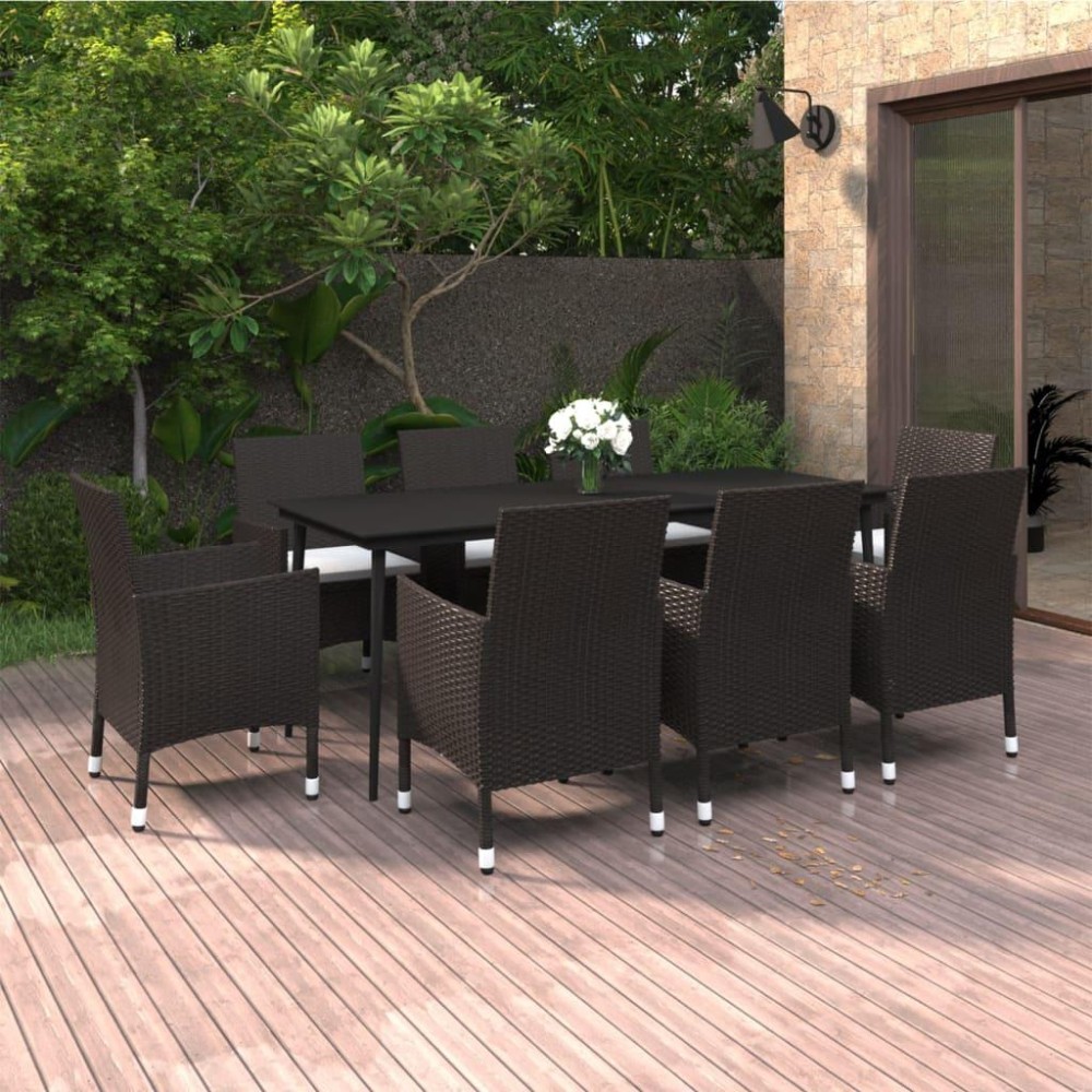 vidaXL 9 Piece Patio Dining Set with Cushions Poly Rattan and Glass