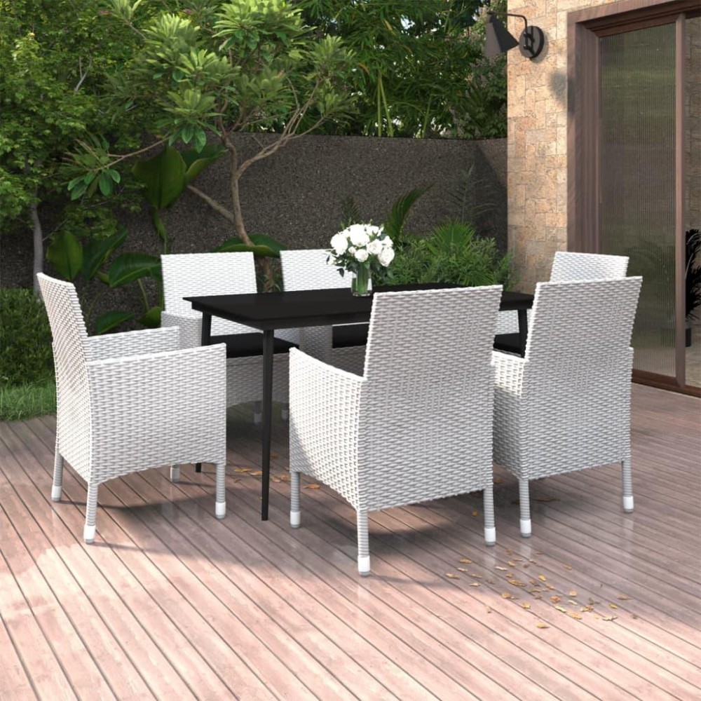 vidaXL 7 Piece Patio Dining Set with Cushions Poly Rattan and Glass