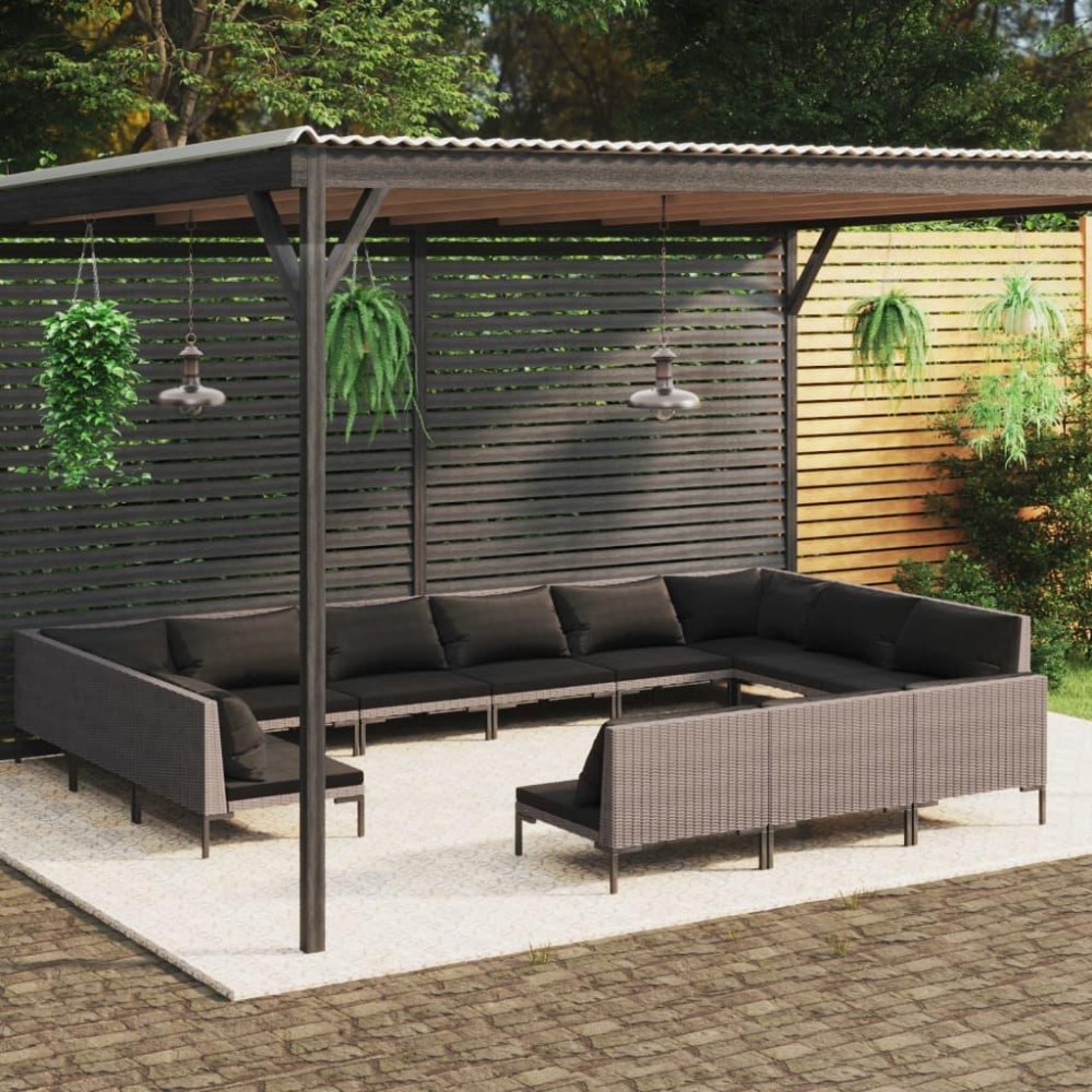 vidaXL 13 Piece Patio Lounge Set with Cushions Poly Rattan Dark Gray