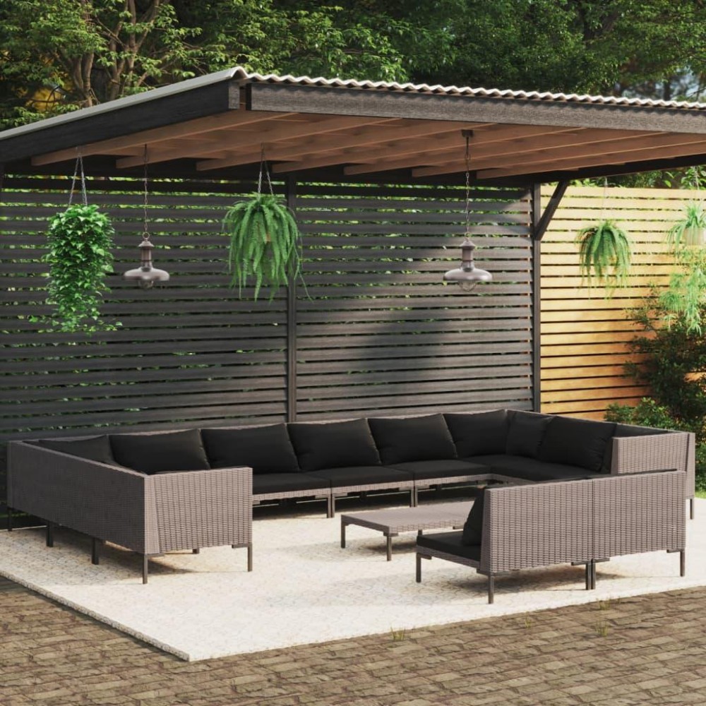 vidaXL 13 Piece Patio Lounge Set with Cushions Poly Rattan Dark Gray