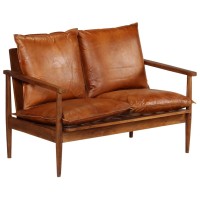 vidaXL 2 Piece Sofa Set Brown Real Leather and Solid Wood Acacia