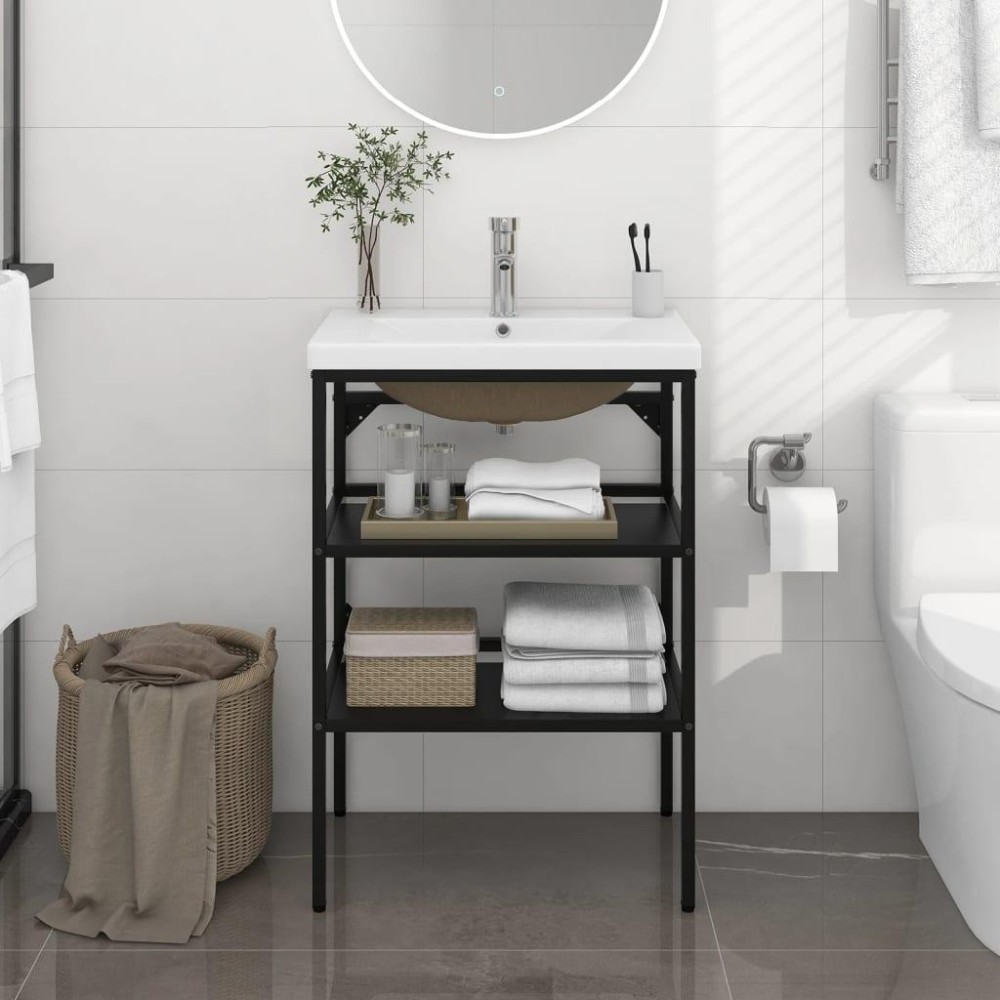 vidaXL Bathroom Washbasin Frame with Built-in Basin Black Iron