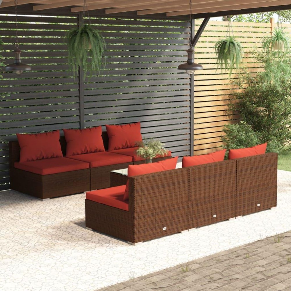 vidaXL 7 Piece Patio Lounge Set with Cushions Poly Rattan Brown