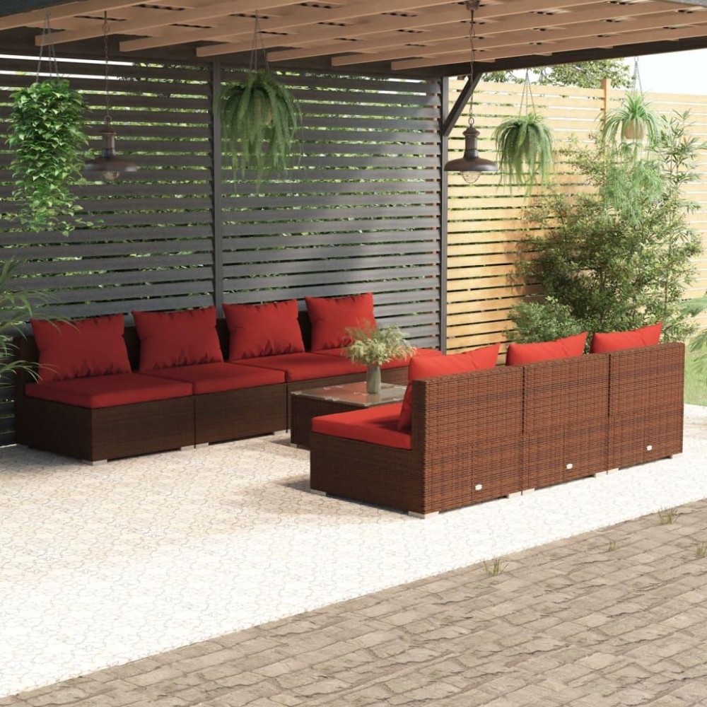 vidaXL 8 Piece Patio Lounge Set with Cushions Poly Rattan Brown