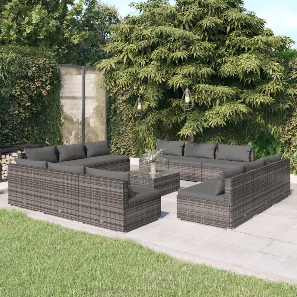 vidaXL 13 Piece Patio Lounge Set with Cushions Poly Rattan Gray