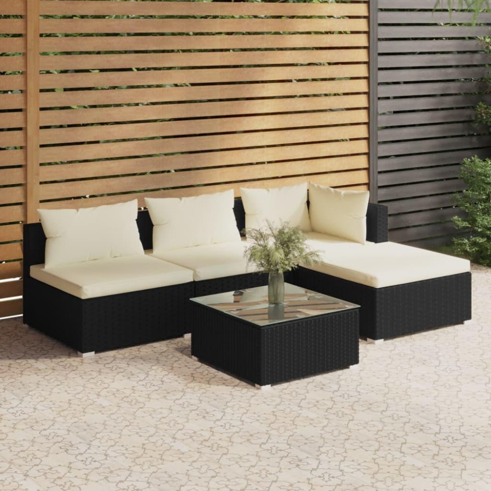 vidaXL 5 Piece Garden Lounge Set with Cushions Poly Rattan Black