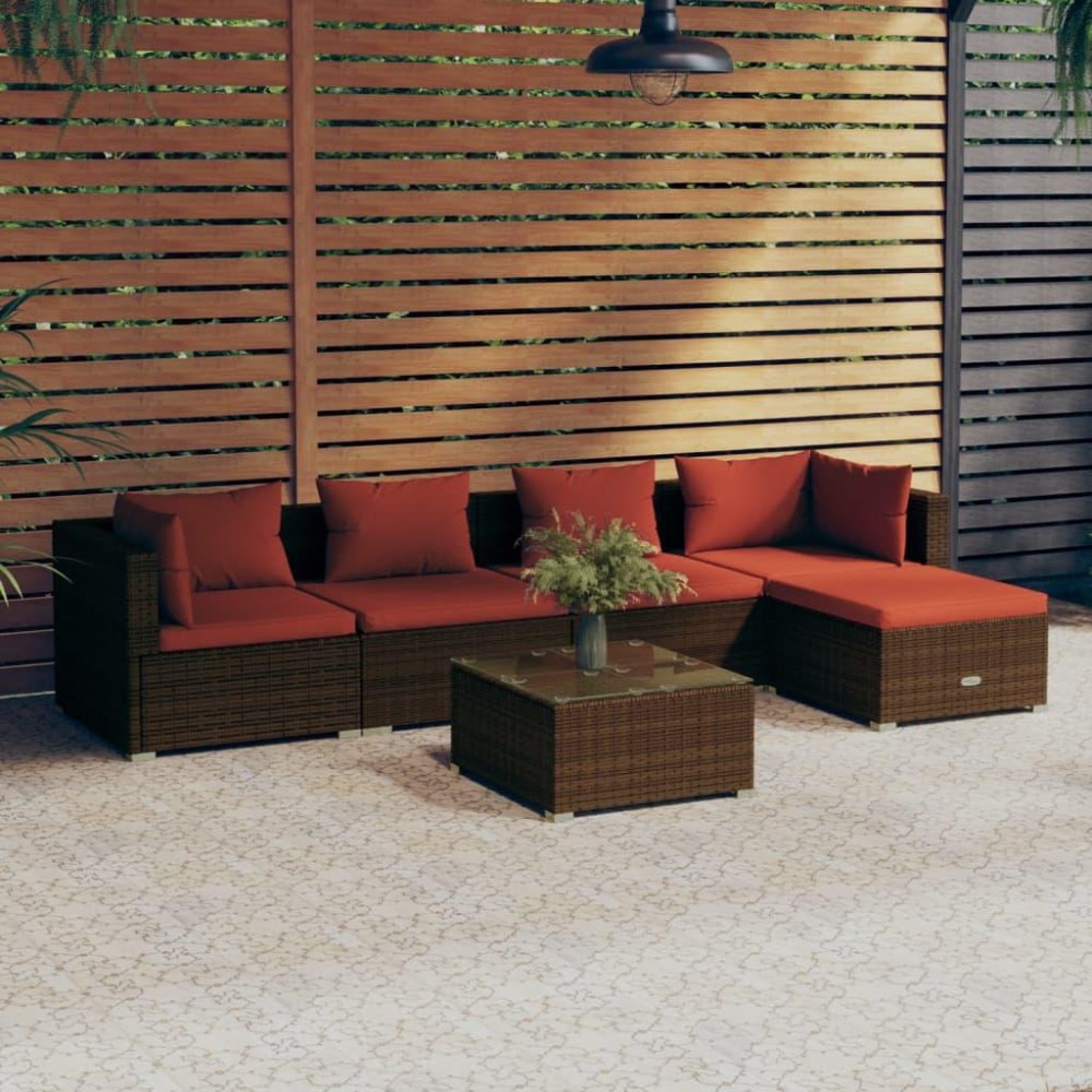 vidaXL 6 Piece Patio Lounge Set with Cushions Poly Rattan Brown