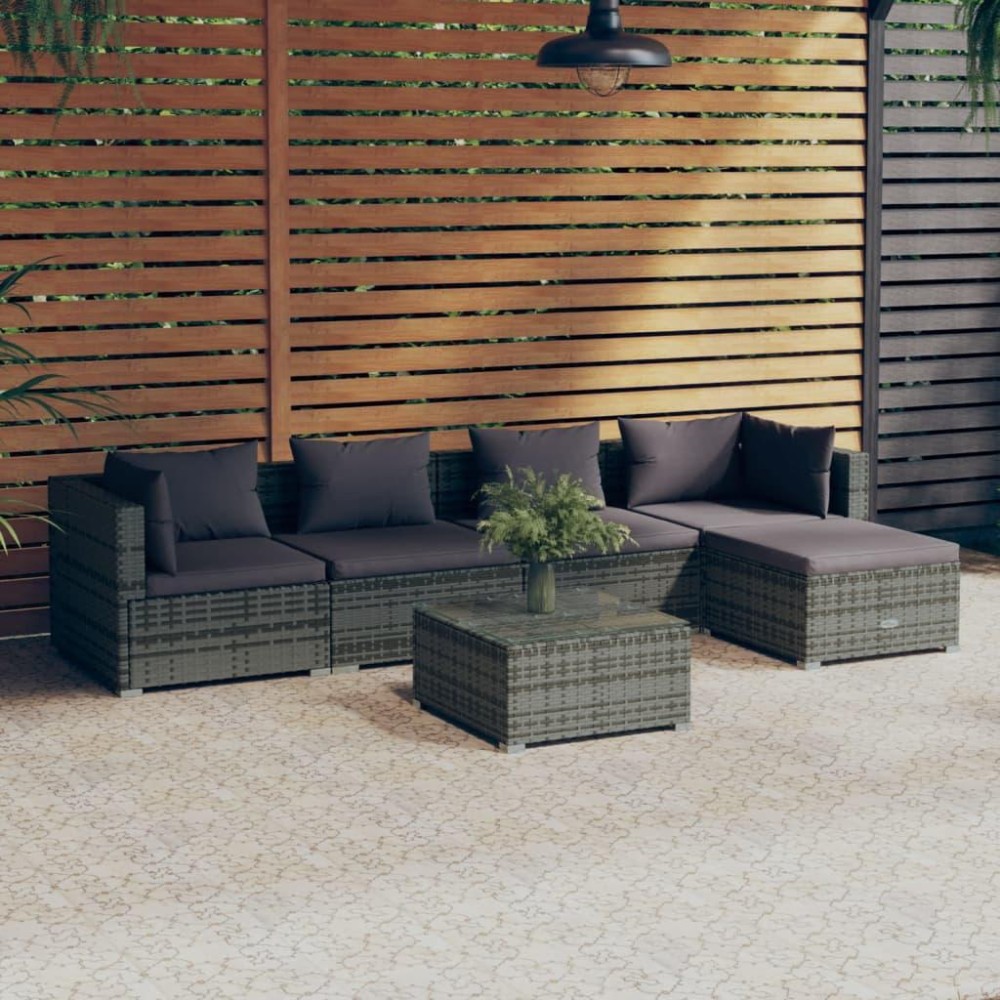 vidaXL 6 Piece Patio Lounge Set with Cushions Poly Rattan Gray