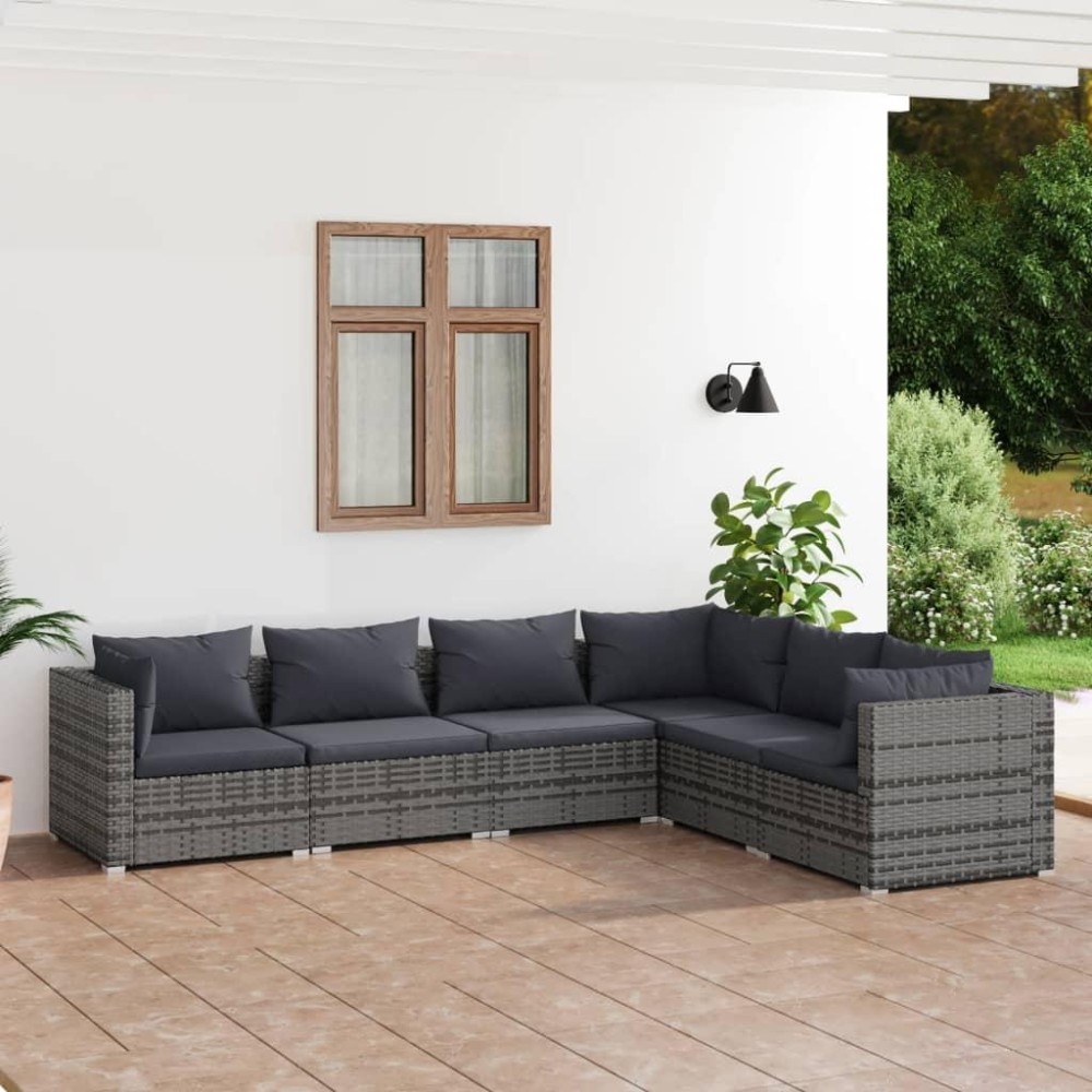 vidaXL 6 Piece Patio Lounge Set with Cushions Poly Rattan Gray