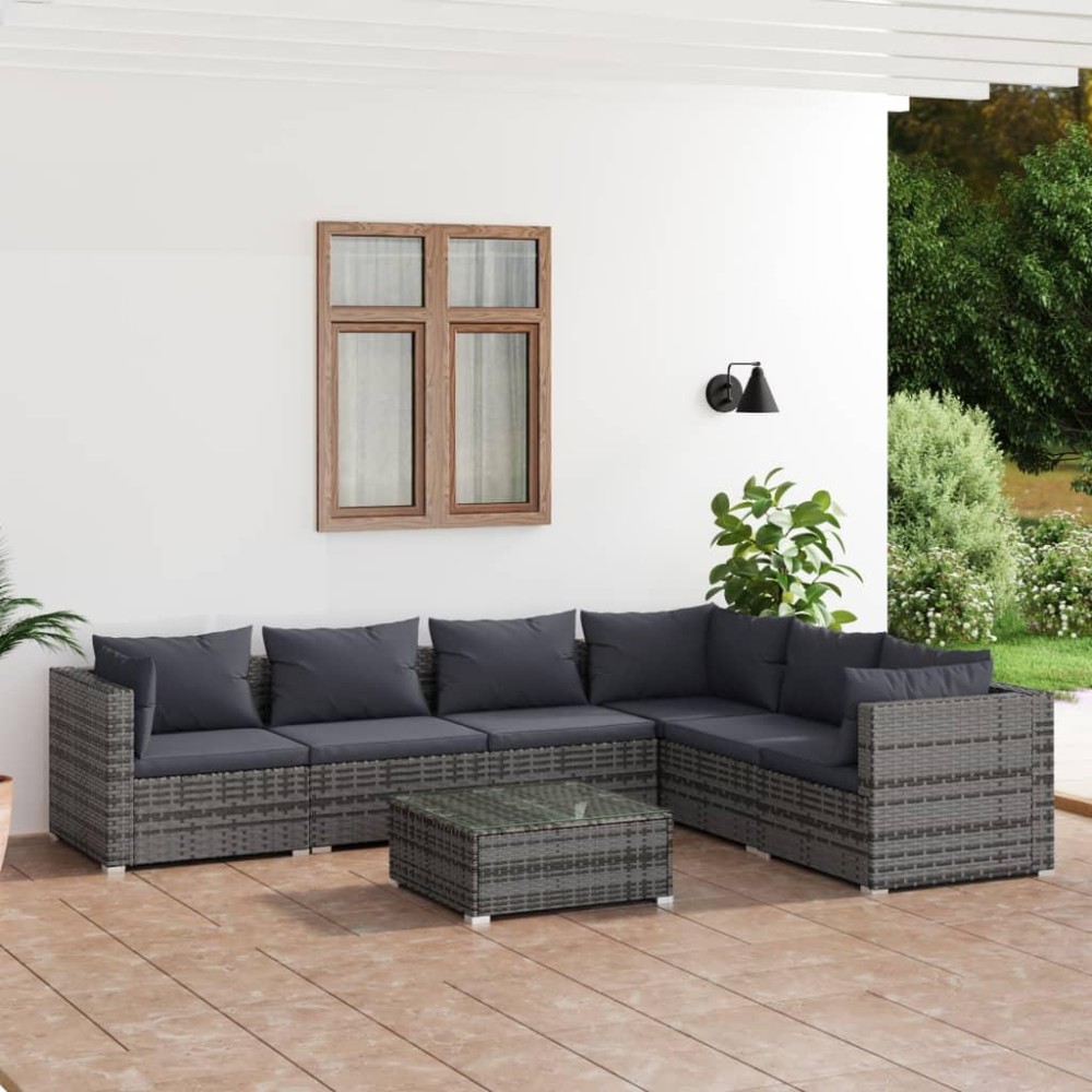 vidaXL 7 Piece Patio Lounge Set with Cushions Poly Rattan Gray