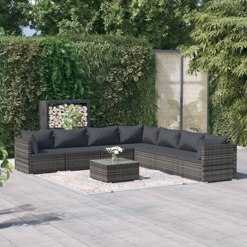 vidaXL 8 Piece Patio Lounge Set with Cushions Poly Rattan Gray