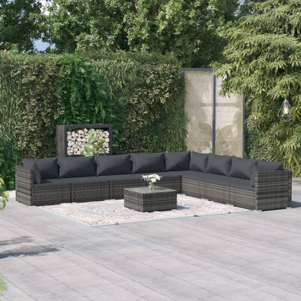 vidaXL 9 Piece Patio Lounge Set with Cushions Poly Rattan Gray