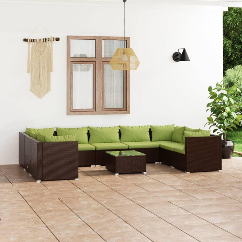 vidaXL 10 Piece Patio Lounge Set with Cushions Poly Rattan Brown