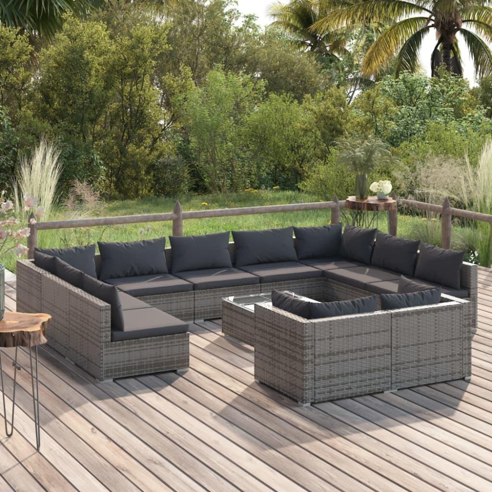 vidaXL 12 Piece Patio Lounge Set with Cushions Gray Poly Rattan