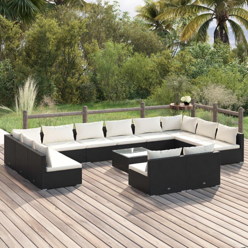 vidaXL 13 Piece Patio Lounge Set with Cushions Black Poly Rattan