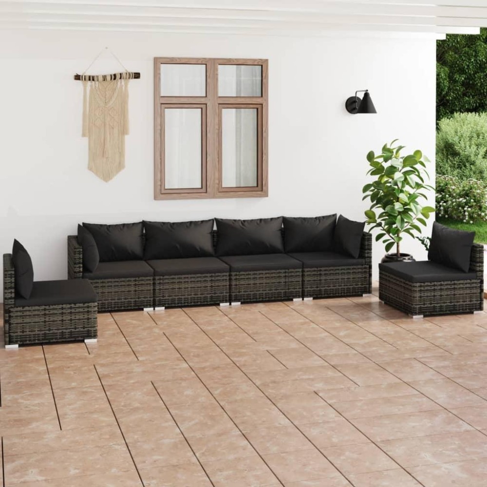 vidaXL 6 Piece Patio Lounge Set with Cushions Poly Rattan Gray