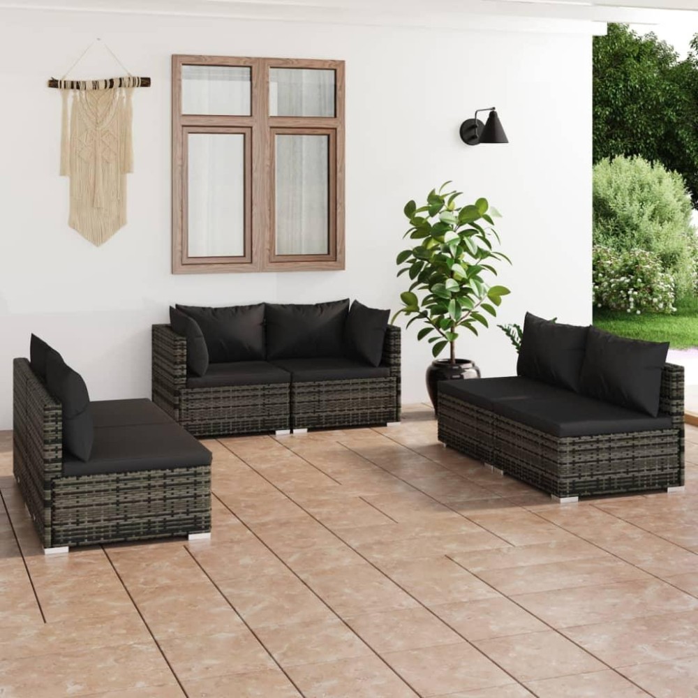 vidaXL 6 Piece Patio Lounge Set with Cushions Poly Rattan Gray