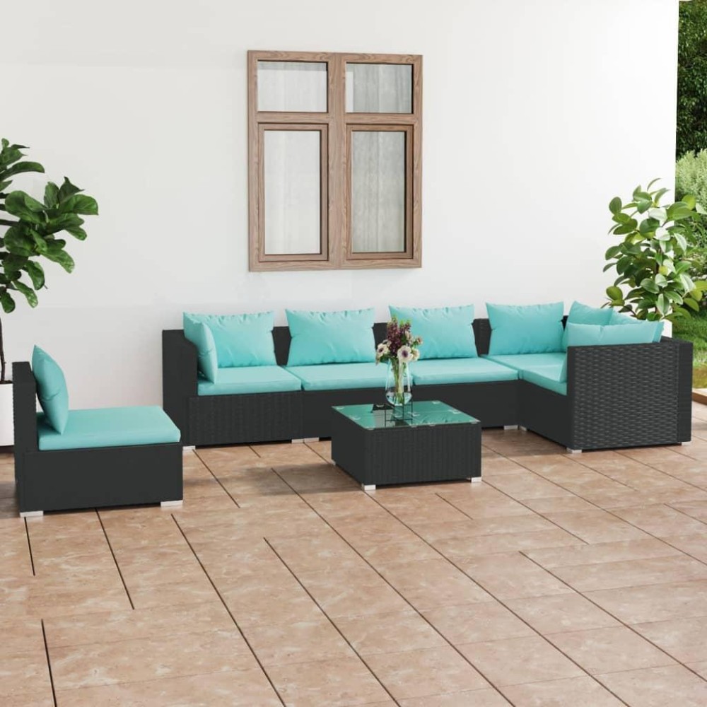 vidaXL 7 Piece Patio Lounge Set with Cushions Poly Rattan Black