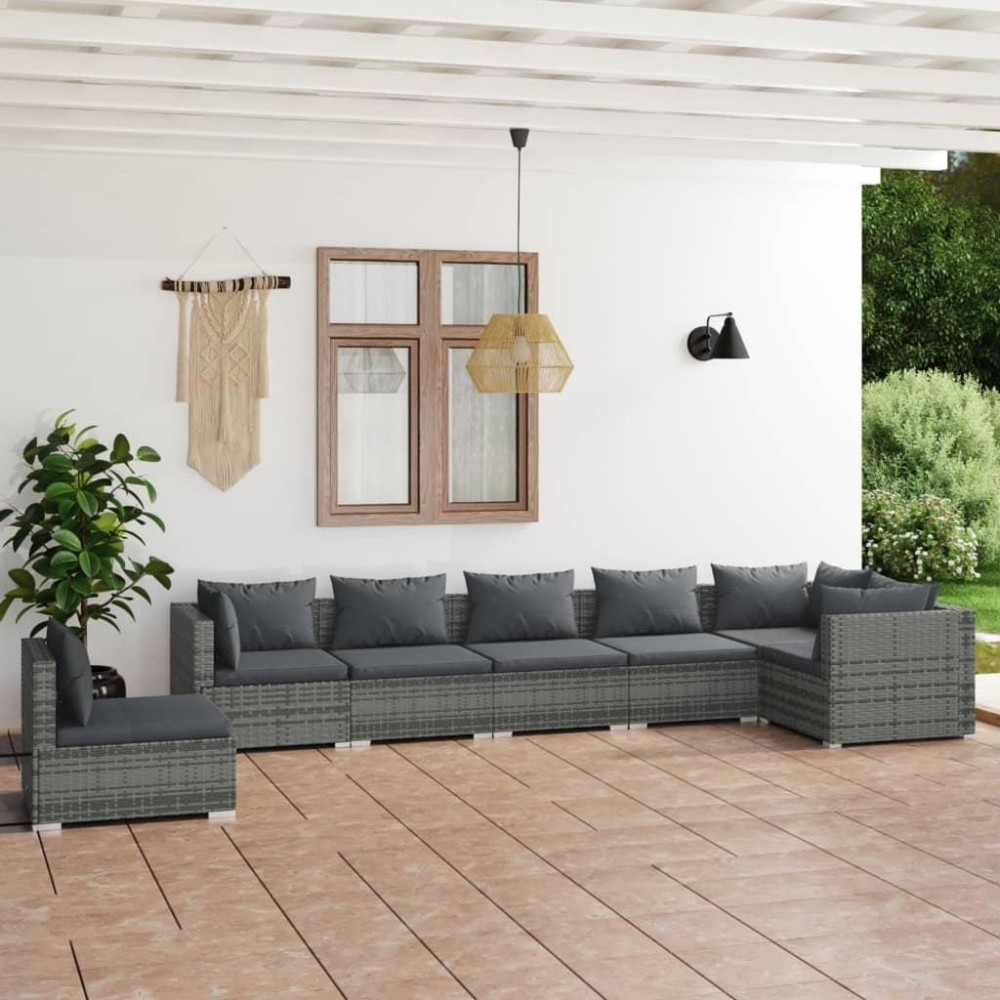 vidaXL 7 Piece Patio Lounge Set with Cushions Poly Rattan Gray