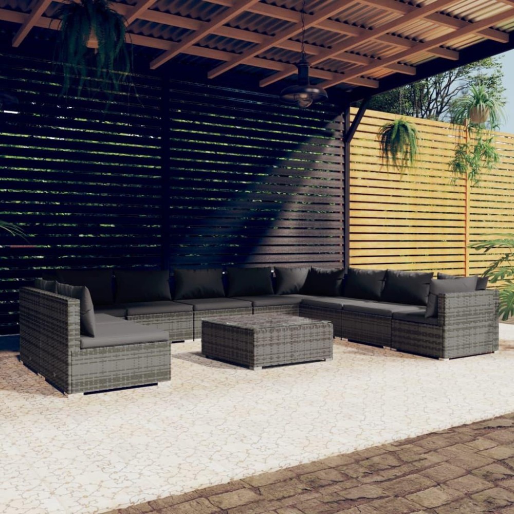 vidaXL 11 Piece Patio Lounge Set with Cushions Gray Poly Rattan