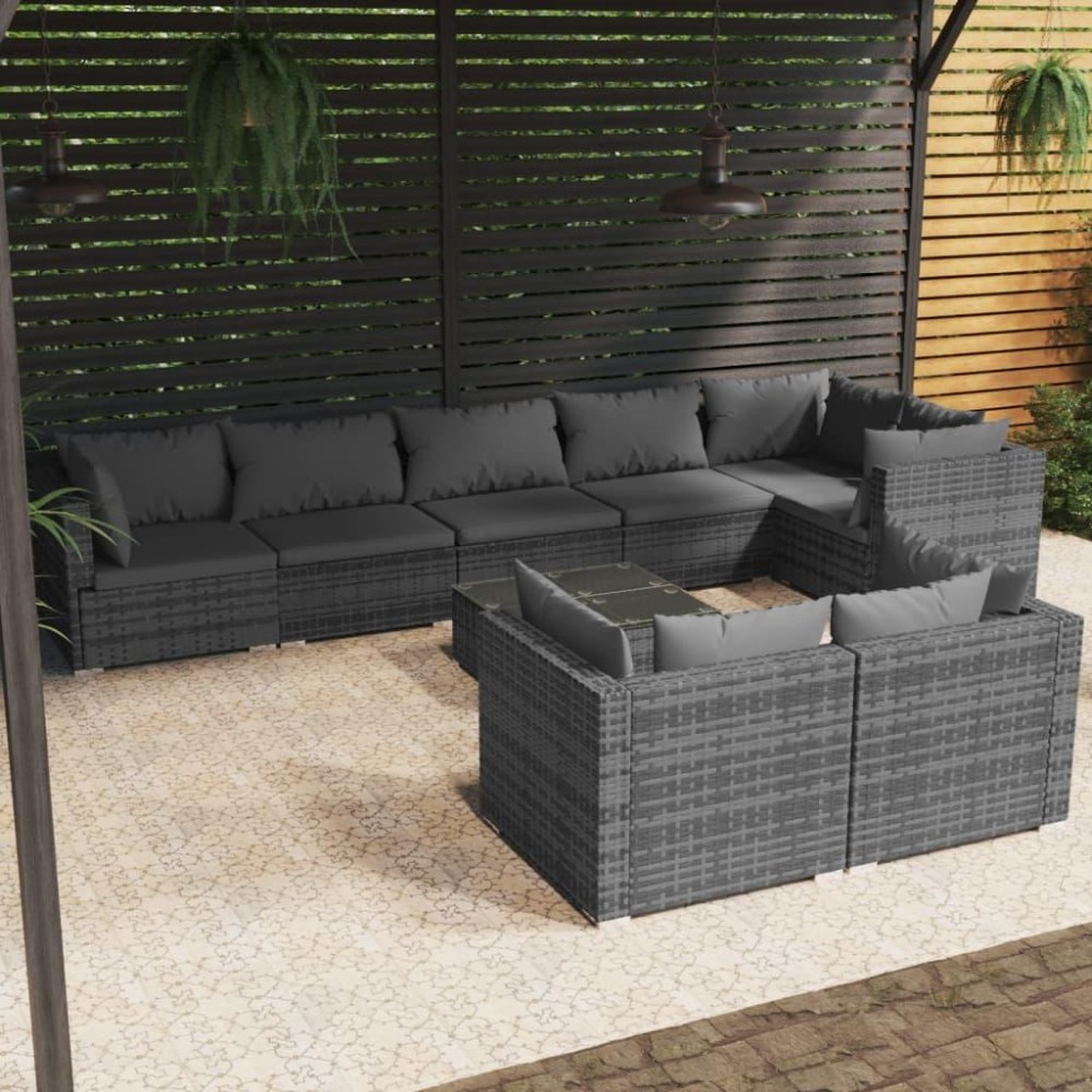 vidaXL 9 Piece Patio Lounge Set with Cushions Gray Poly Rattan