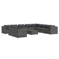 vidaXL 11 Piece Patio Lounge Set with Cushions Gray Poly Rattan