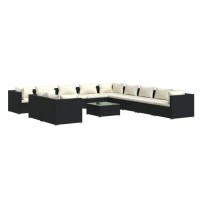 vidaXL 12 Piece Garden Lounge Set with Cushions Black Poly Rattan