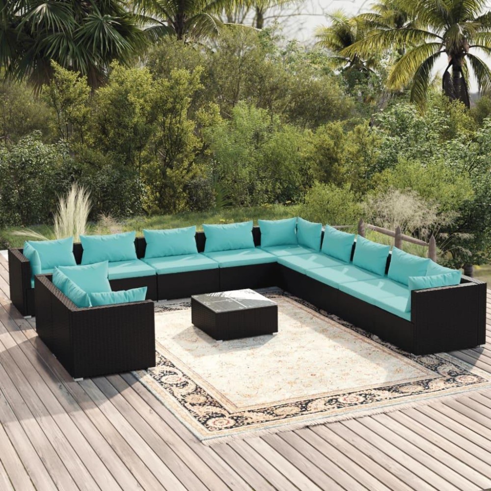 vidaXL 12 Piece Patio Lounge Set with Cushions Black Poly Rattan