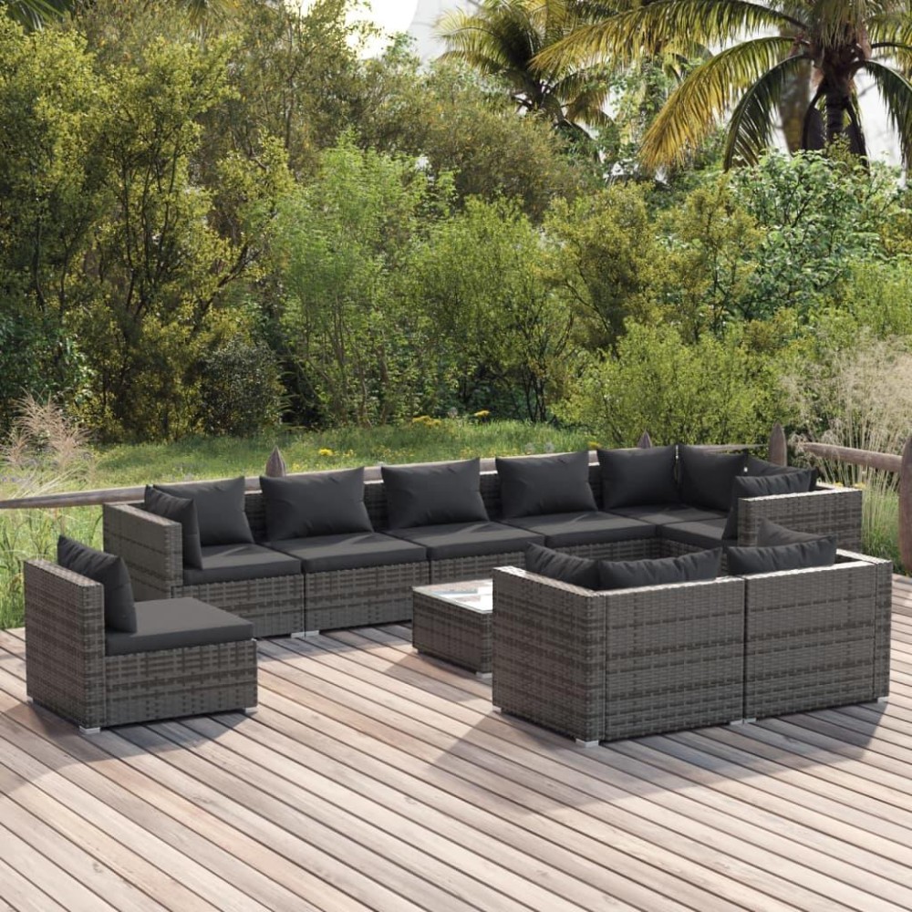 vidaXL 10 Piece Patio Lounge Set with Cushions Poly Rattan Gray