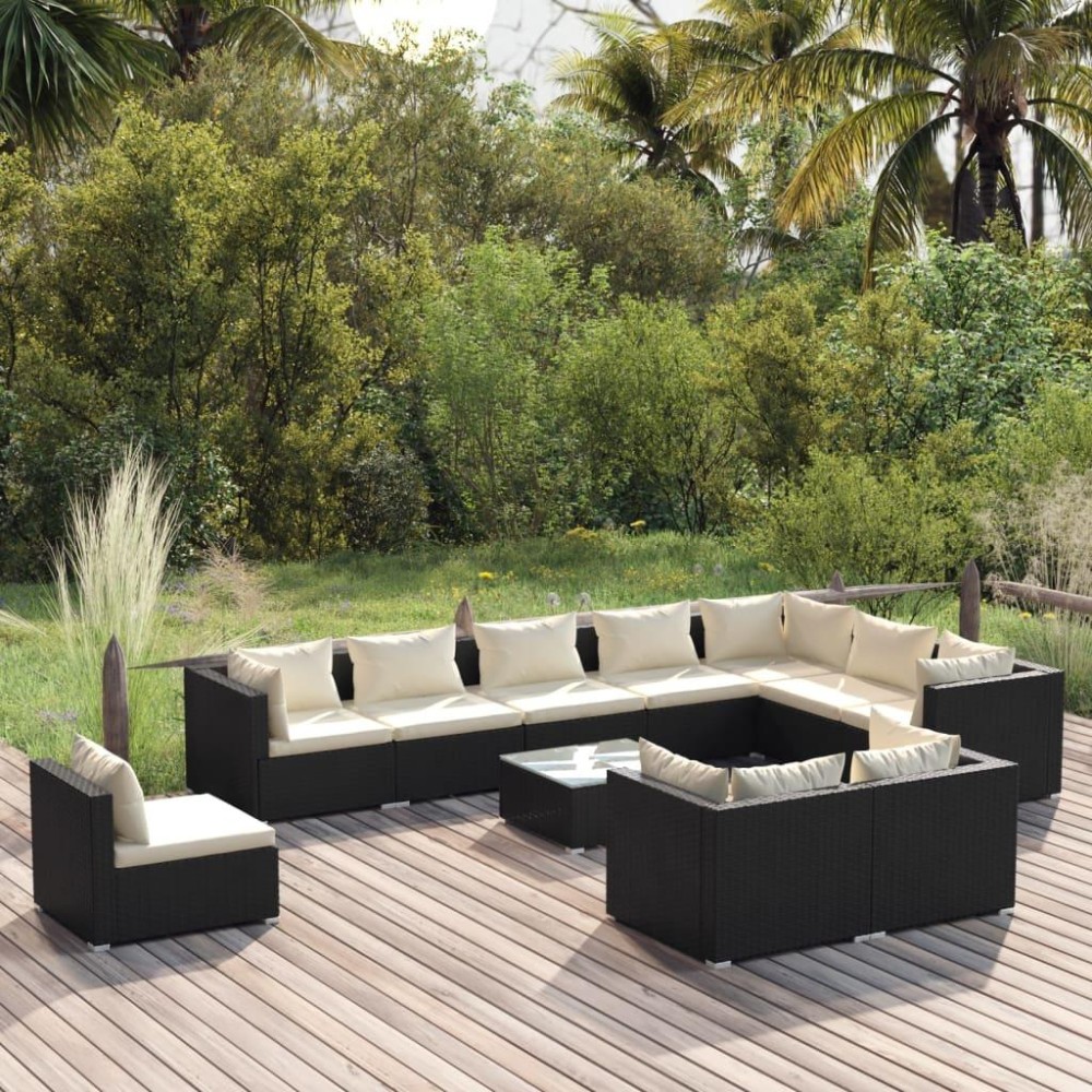 vidaXL 11 Piece Patio Lounge Set with Cushions Poly Rattan Black