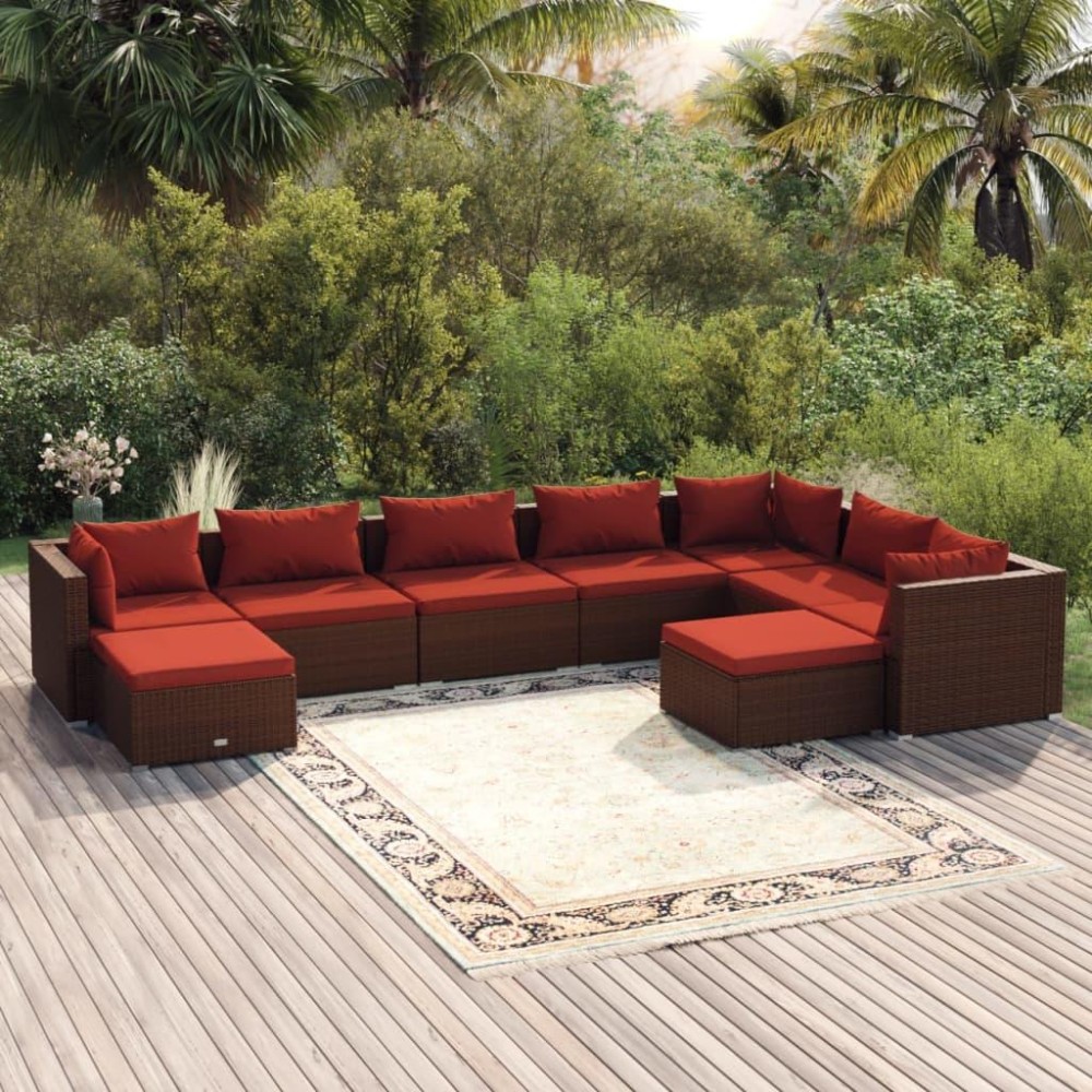 vidaXL 9 Piece Patio Lounge Set with Cushions Poly Rattan Brown