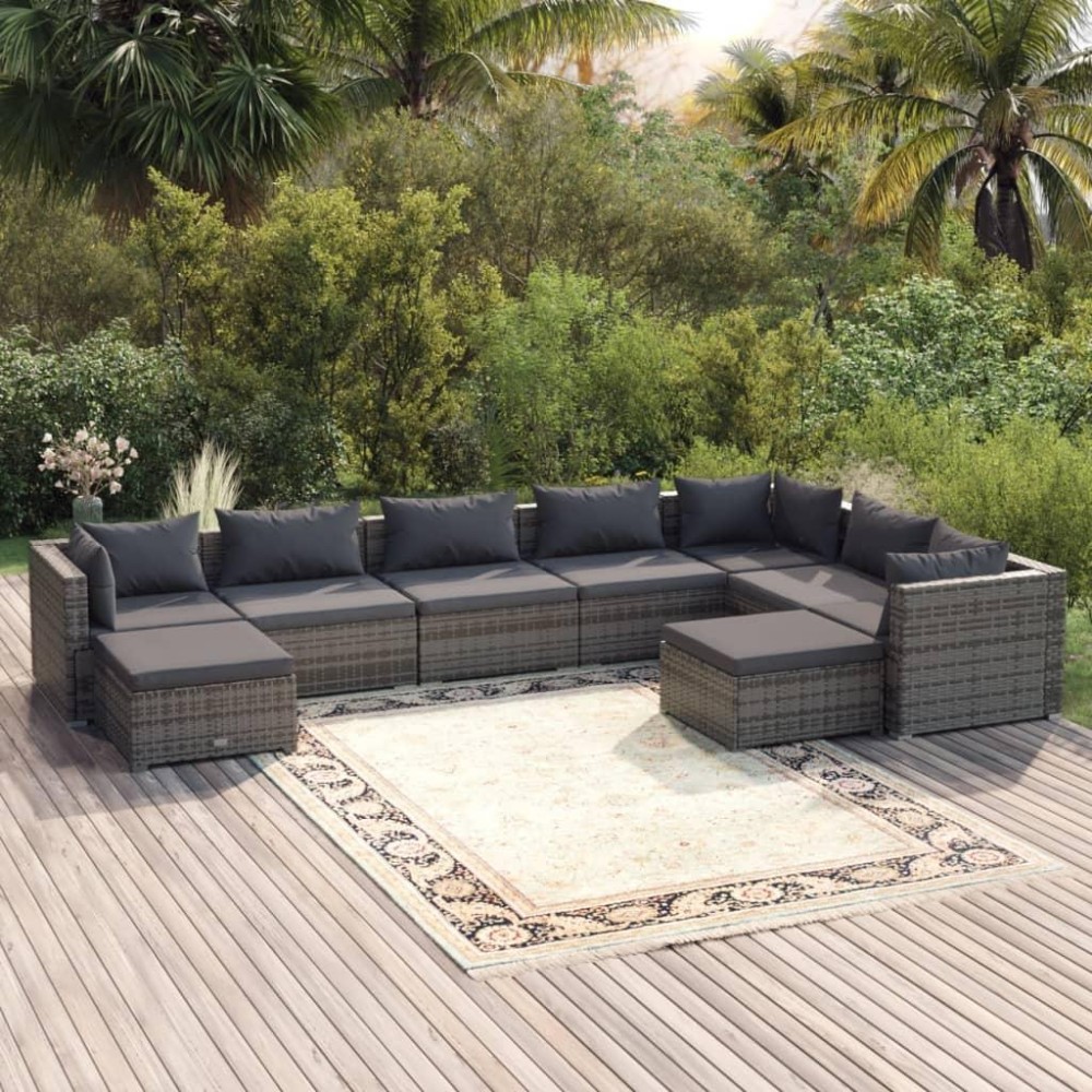 vidaXL 9 Piece Garden Lounge Set with Cushions Poly Rattan Gray